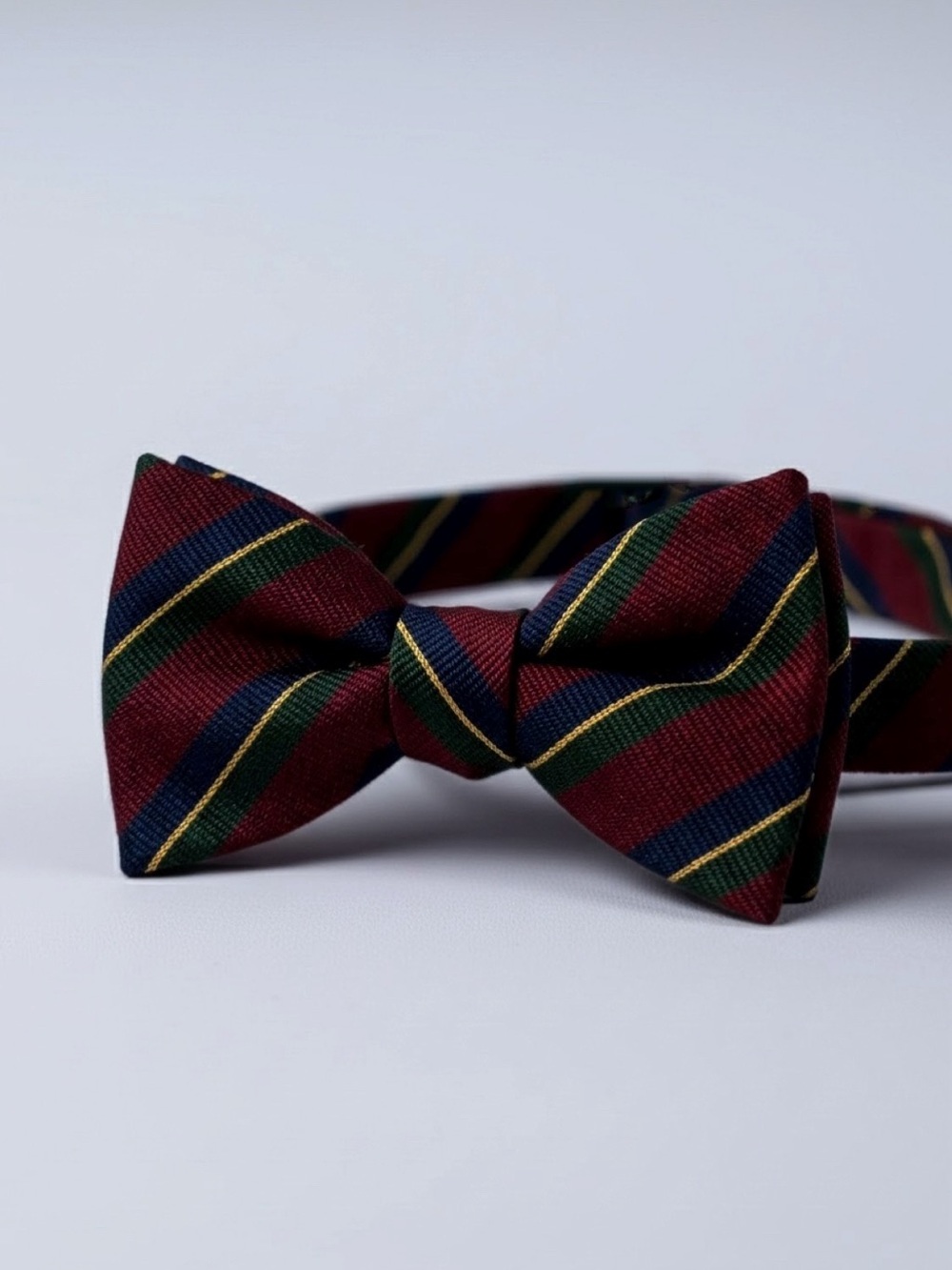 R. Hanauer Silk Bow Tie Burgundy Red Blue Green Gold Repp Stripe Self Tie USA